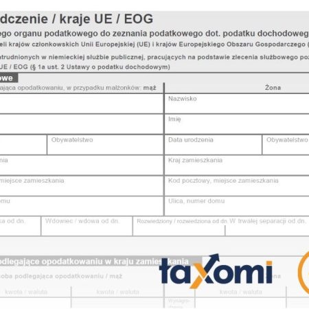 Formularz oficjalnego zaświadczenia EU/EOG dotyczącego zeznania podatkowego od zagranicznego organu podatkowego. Dokument zawiera nagłówek "Zaświadczenie / kraje UE / EOG" oraz sekcje do wypełnienia danych osobowych podatnika i współmałżonka (nazwisko, imię, data urodzenia, obywatelstwo, adres). W dolnej części widoczna jest sekcja dotycząca dochodów podlegających opodatkowaniu. W prawym dolnym rogu znajduje się logo serwisu Taxomi z pomarańczowym symbolem zaznaczenia. Formularz jest przeznaczony dla obywateli krajów UE oraz EOG i służy do rozliczenia podatku dochodowego.